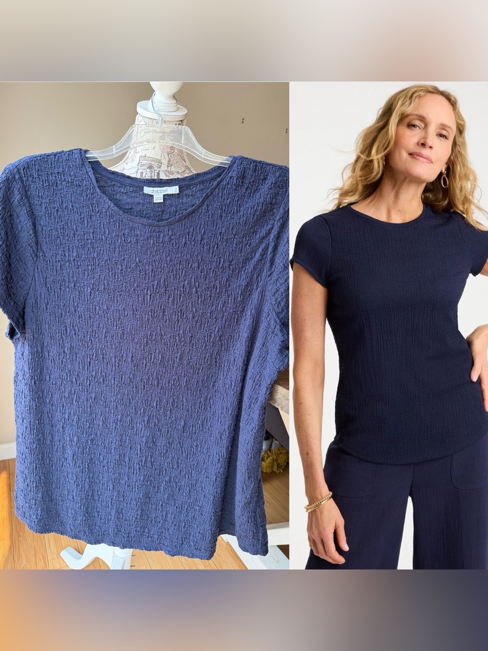 Chico's Textured Knit Cap Sleeve Tee Navy/Passport Blue NWT